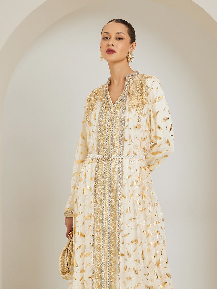 Women Beige Embroidered Kaftan with Satin Inner Dress