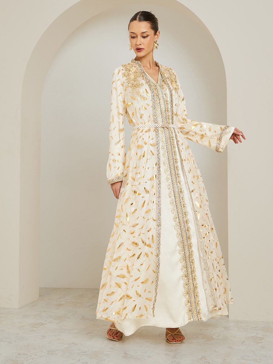 Women Beige Embroidered Kaftan with Satin Inner Dress