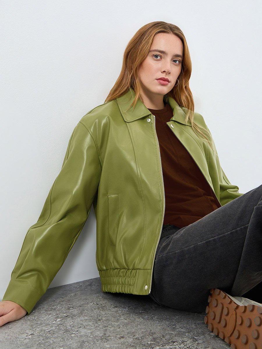 Women Olive Green Zip Up Faux Leather Jacket