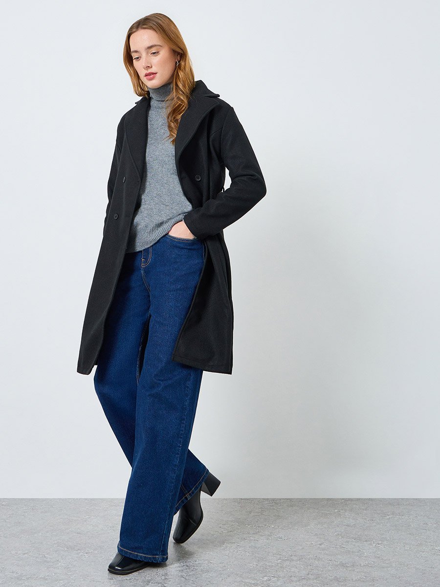 Women Solid Button Front Belted Midi Coat