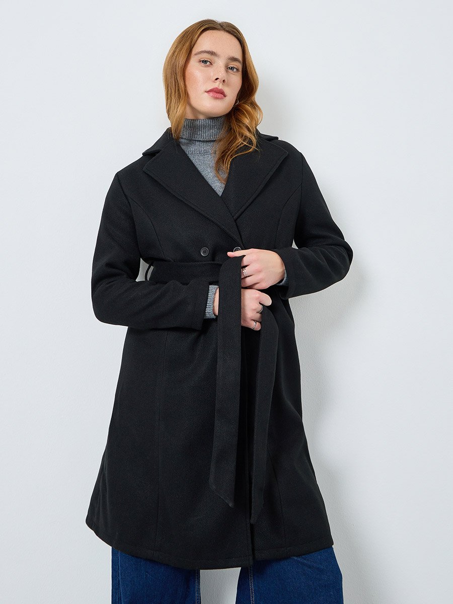Women Solid Button Front Belted Midi Coat
