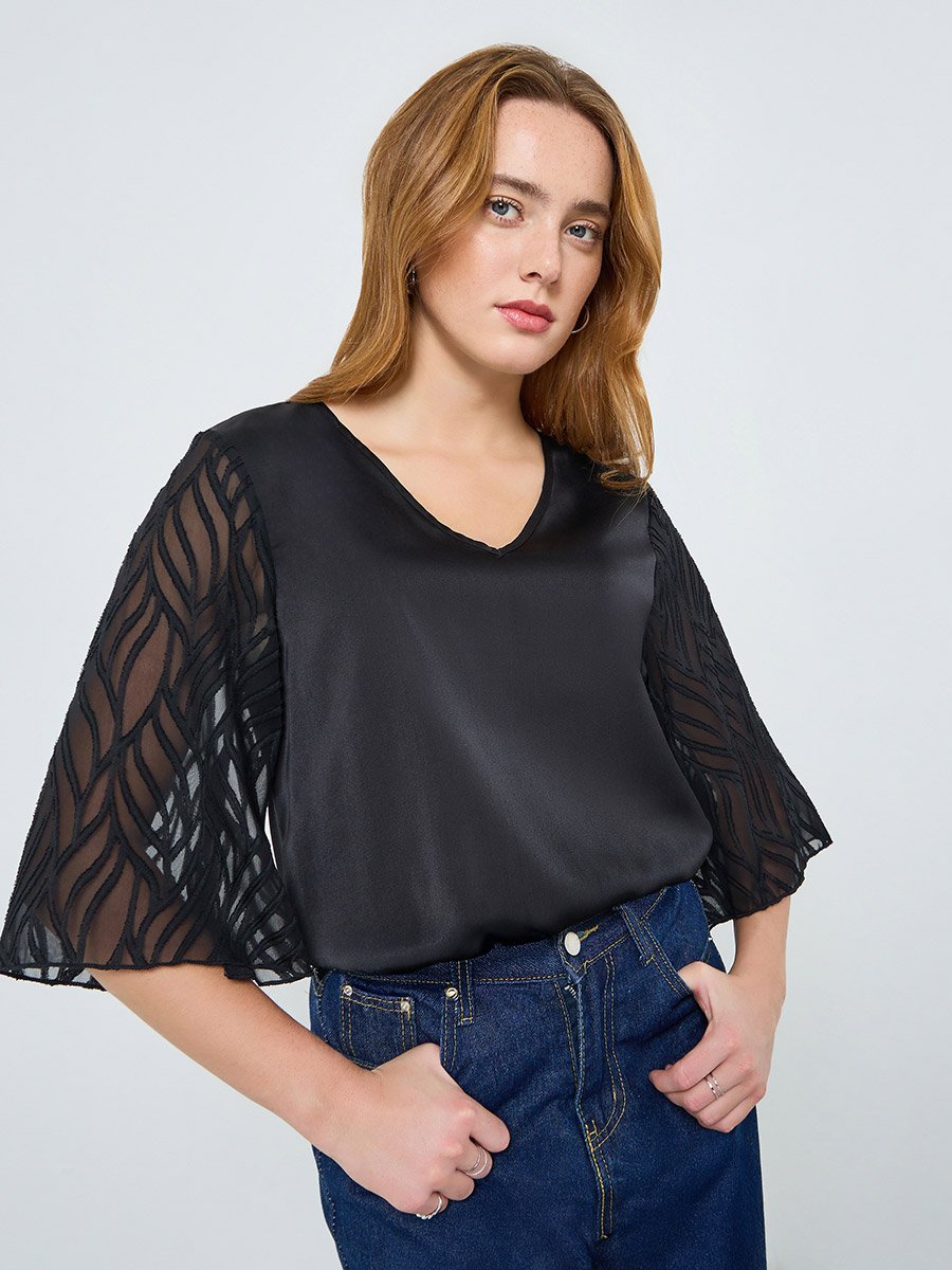 Women Black Butterfly Sleeve Textured Top