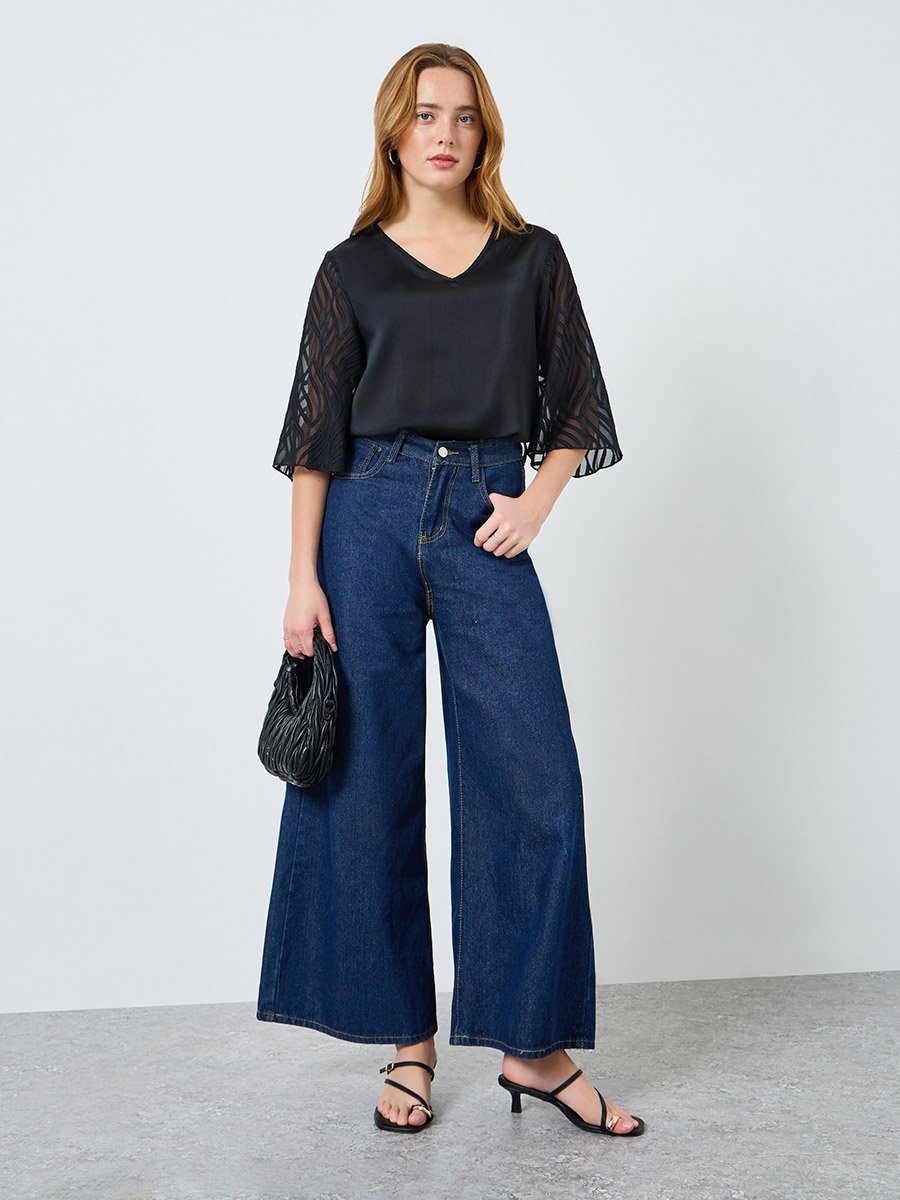 Women Black Butterfly Sleeve Textured Top
