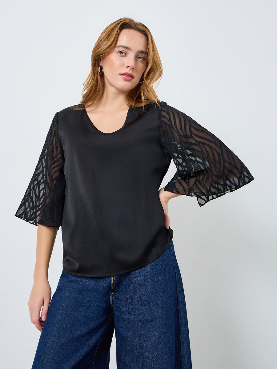 Women Black Butterfly Sleeve Textured Top