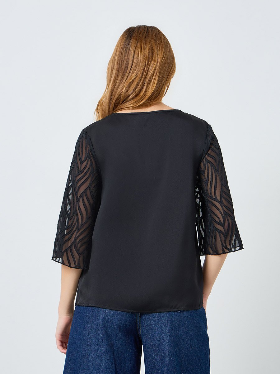 Women Black Butterfly Sleeve Textured Top