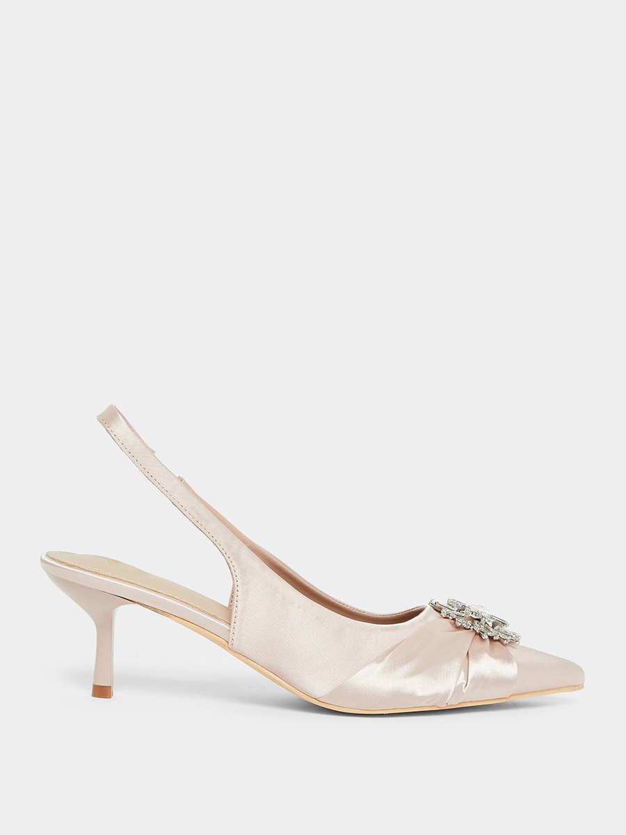 Pink Embellished Slingback Low Heel Shoes