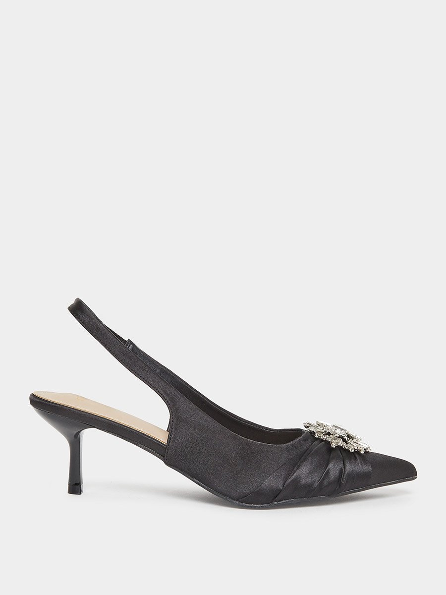 Black Embellished Slingback Low Heel Shoes