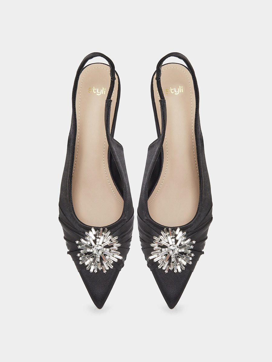 Black Embellished Slingback Low Heel Shoes