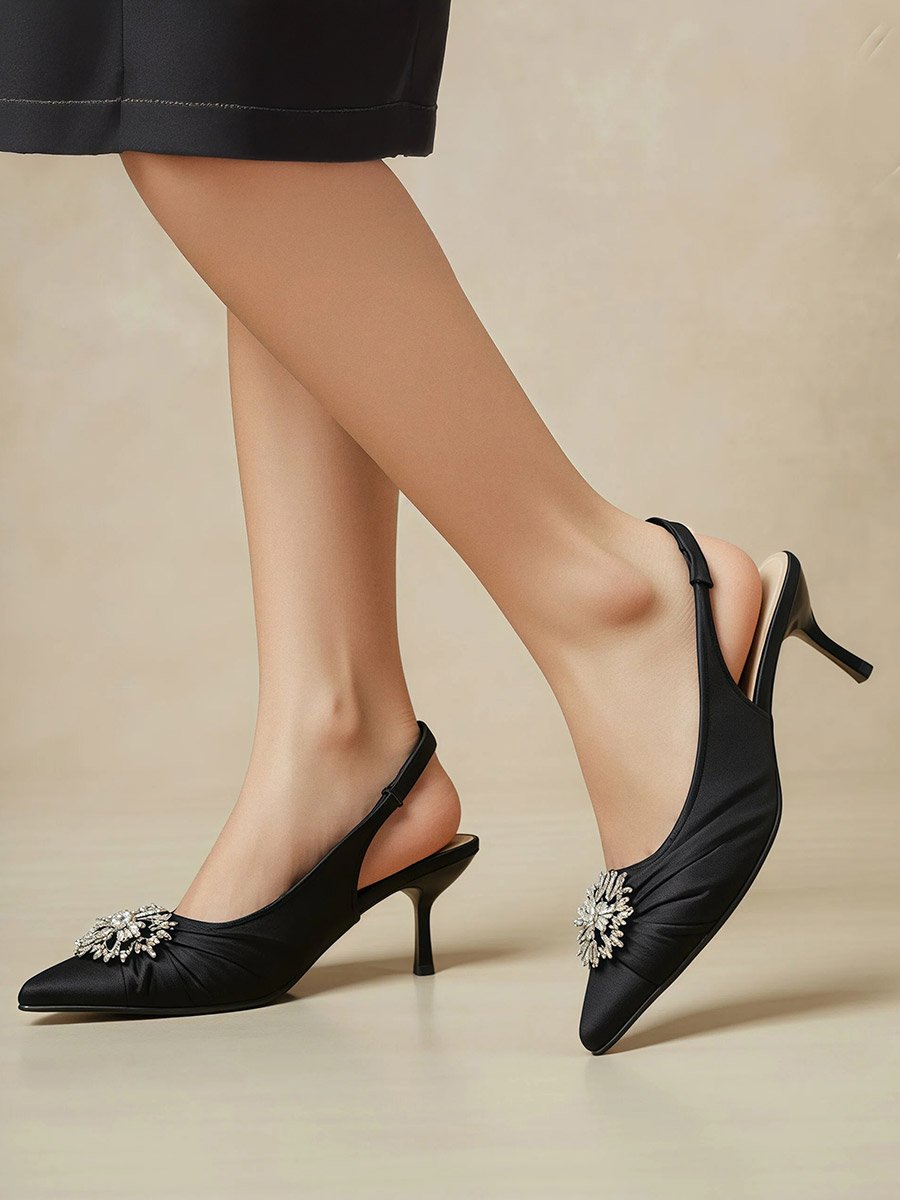 Black Embellished Slingback Low Heel Shoes