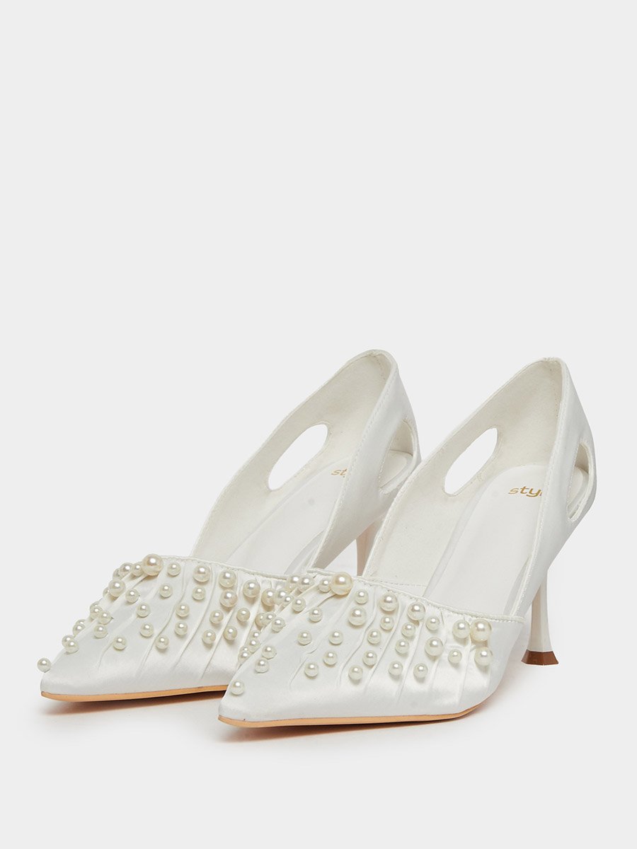 Women White Pearl Embellished Formal Shoes