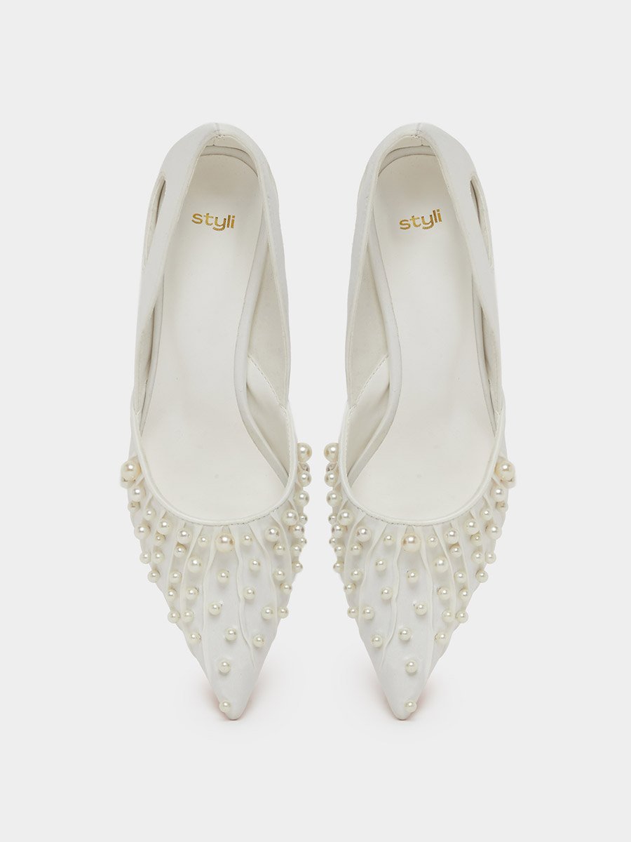 Women White Pearl Embellished Formal Shoes