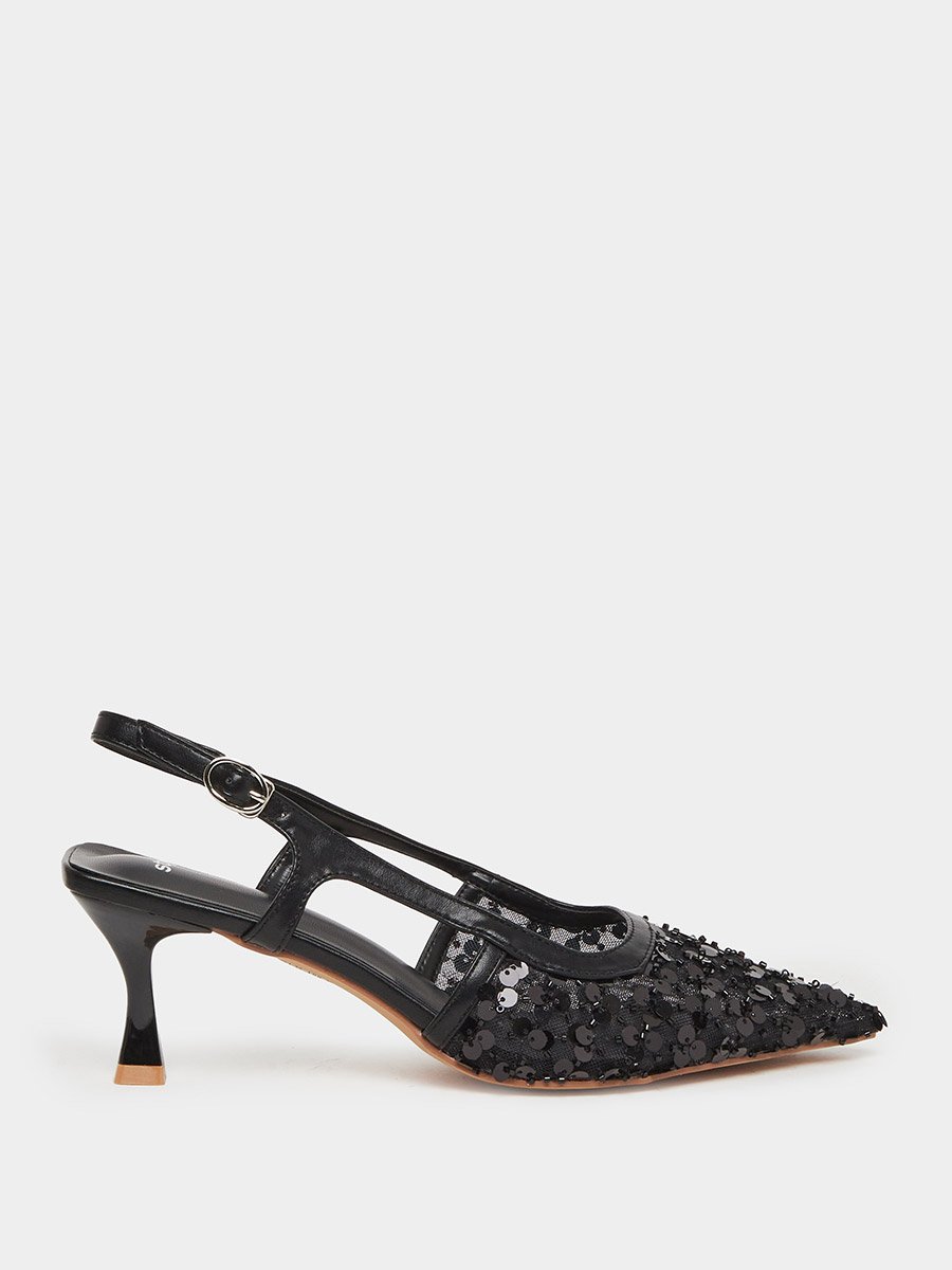 Women Black Sequin Slingback Kitten Heels Shoes