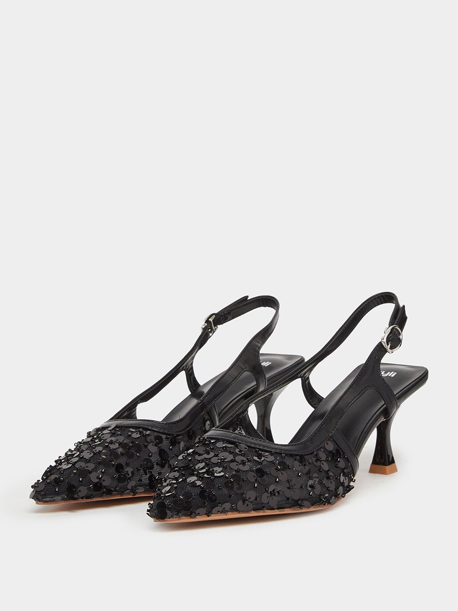 Women Black Sequin Slingback Kitten Heels Shoes