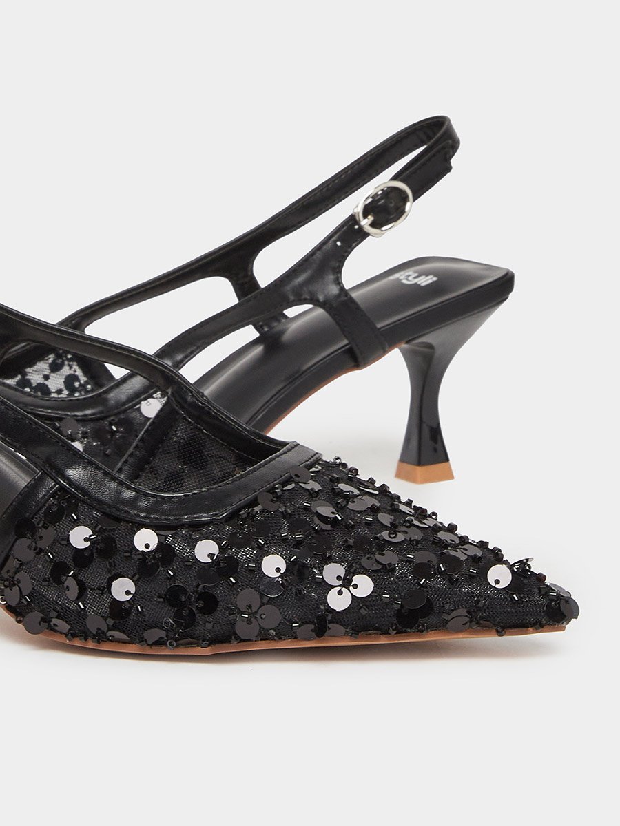 Women Black Sequin Slingback Kitten Heels Shoes