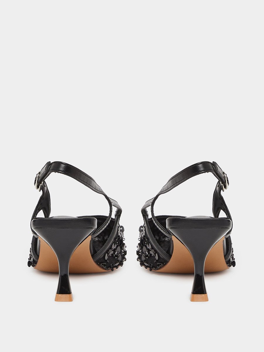 Women Black Sequin Slingback Kitten Heels Shoes