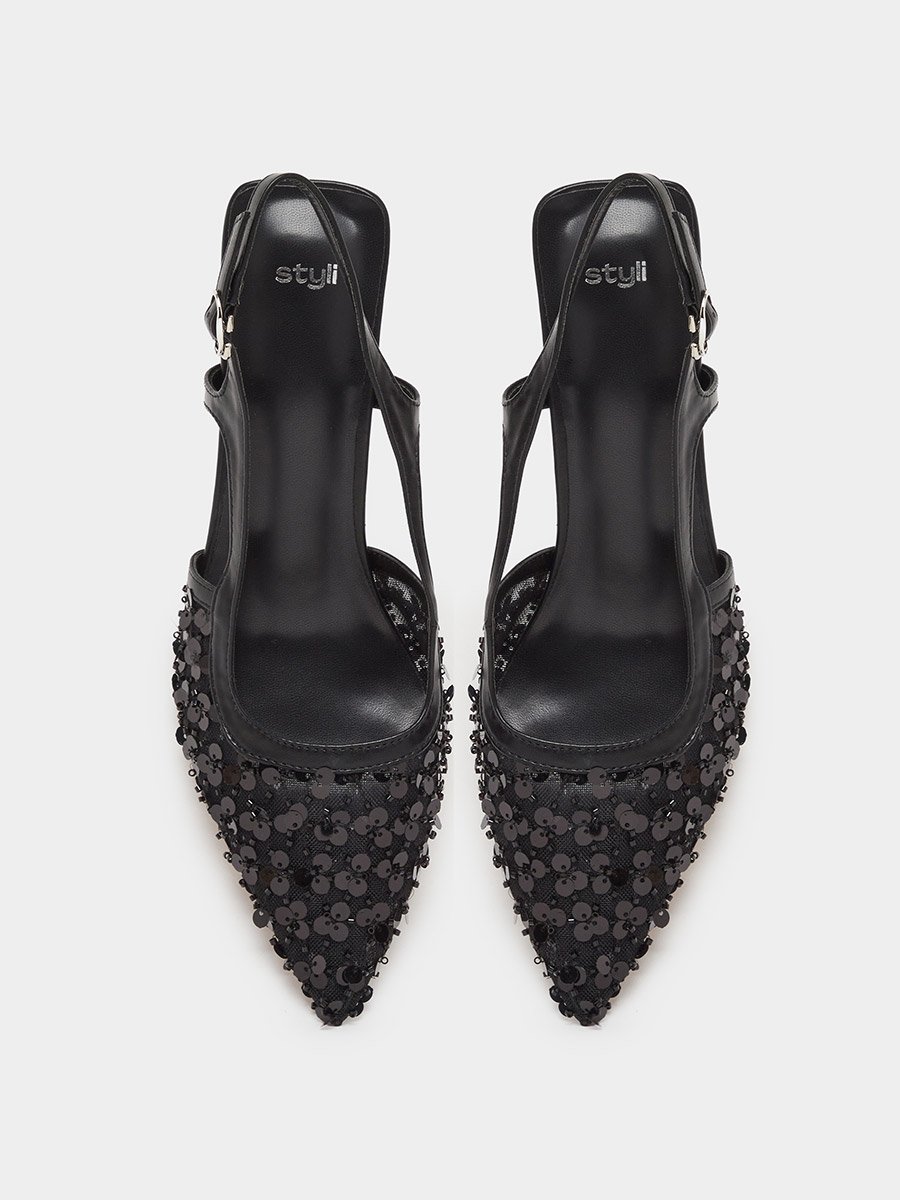 Women Black Sequin Slingback Kitten Heels Shoes