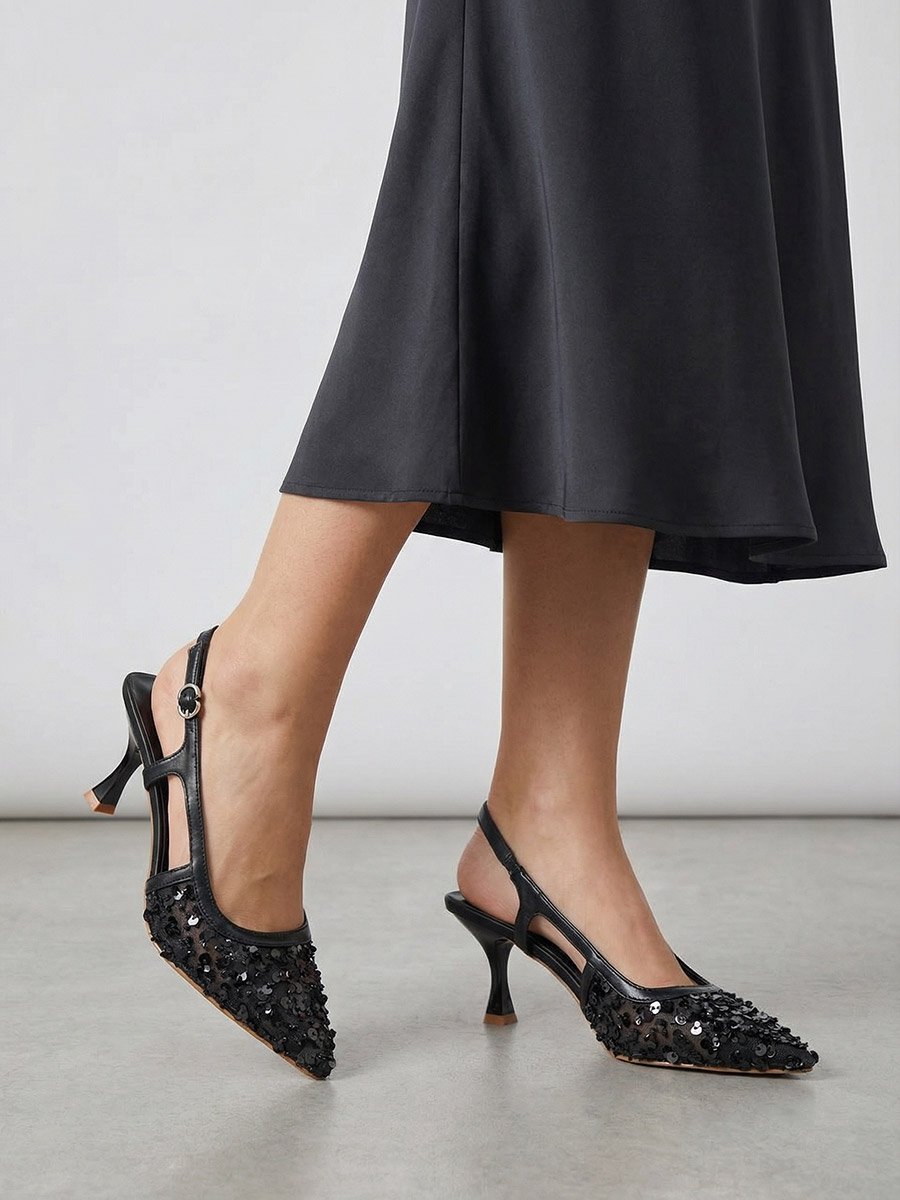 Women Black Sequin Slingback Kitten Heels Shoes
