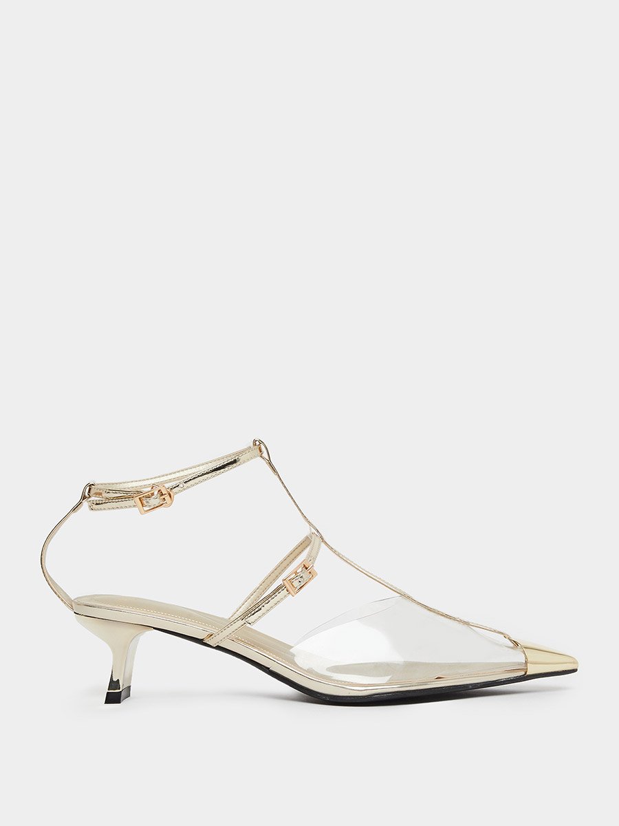 Gold Pointed Toe Kitten Heel Shoes