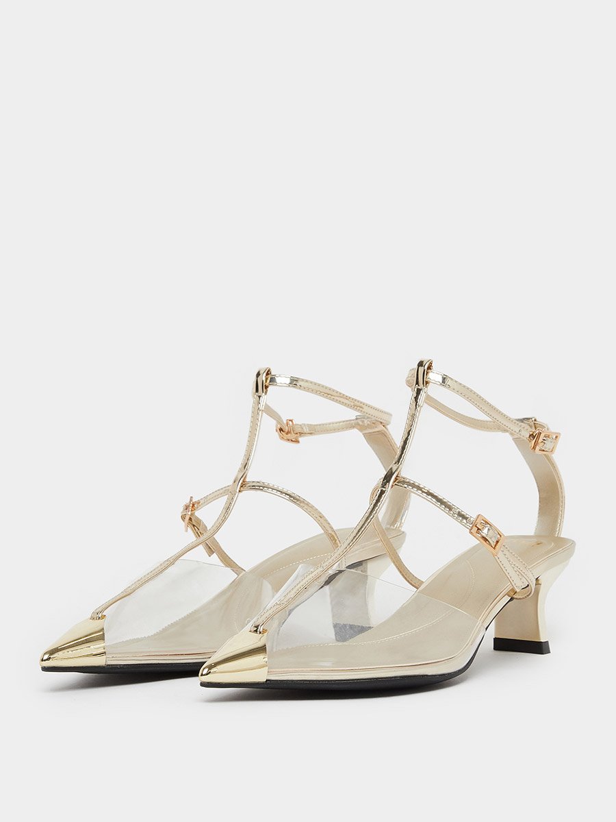 Gold Pointed Toe Kitten Heel Shoes