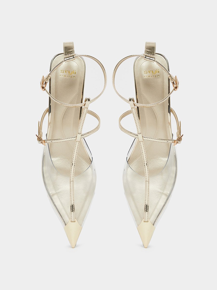 Gold Pointed Toe Kitten Heel Shoes
