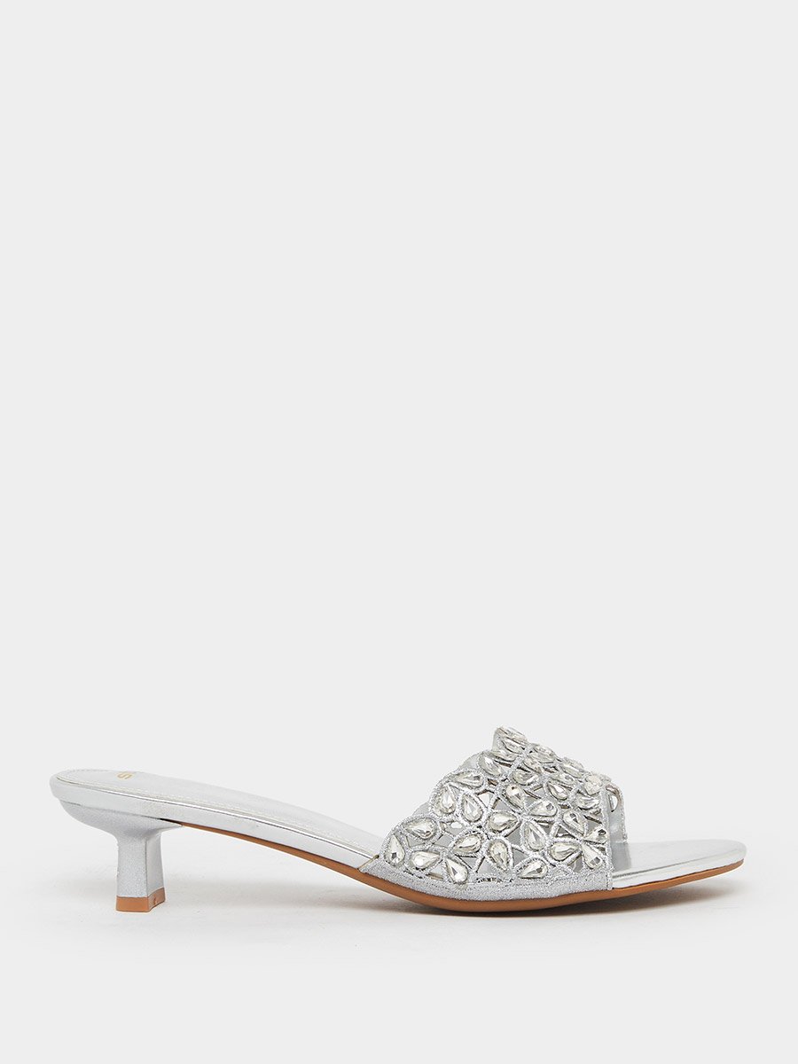 Silver Embellished Low Heel Sandals