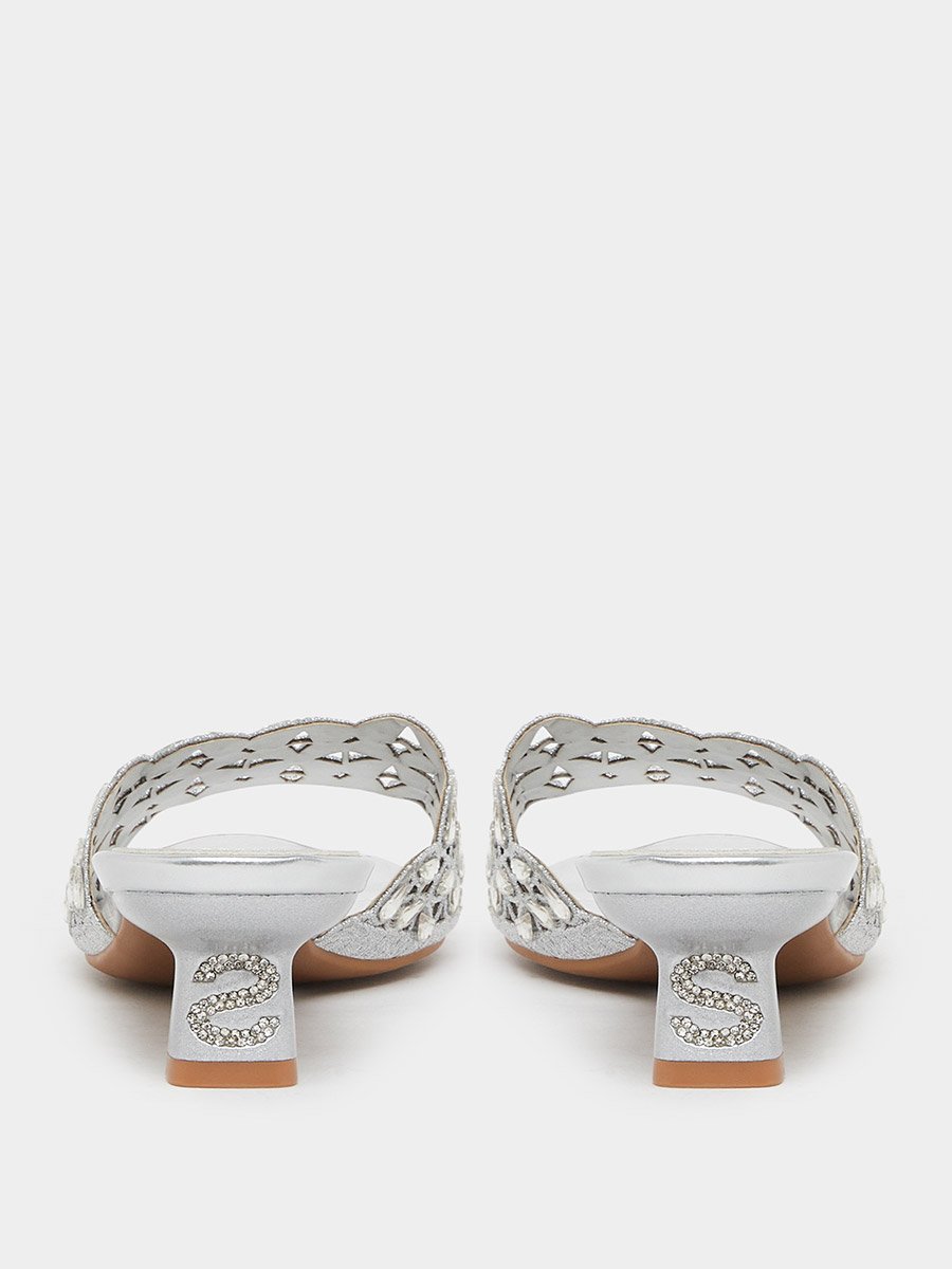 Silver Embellished Low Heel Sandals