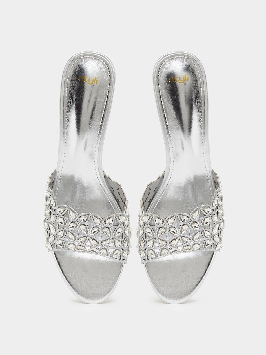 Silver Embellished Low Heel Sandals