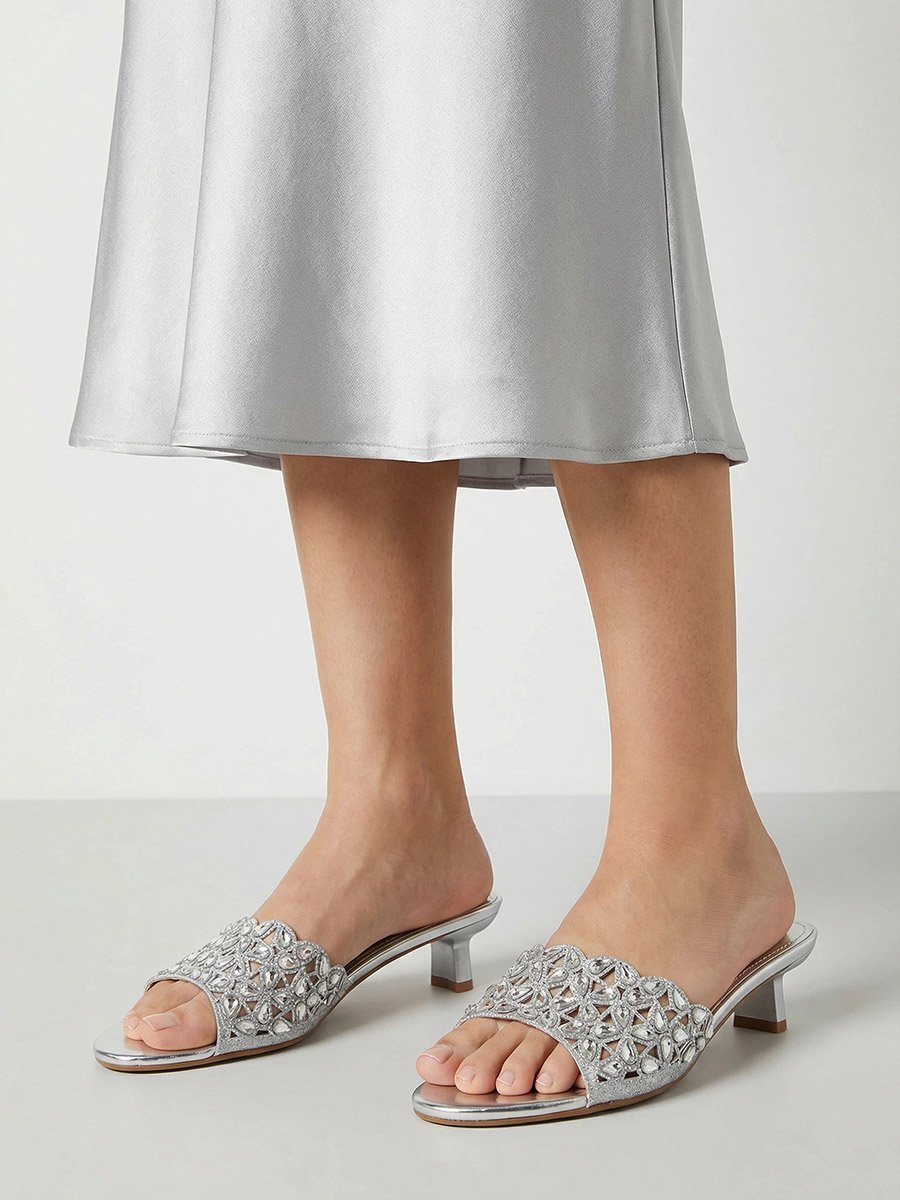 Silver Embellished Low Heel Sandals