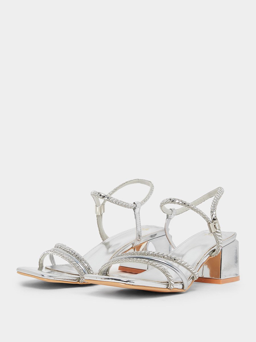 Women Silver Embellished Block Heel Sandals