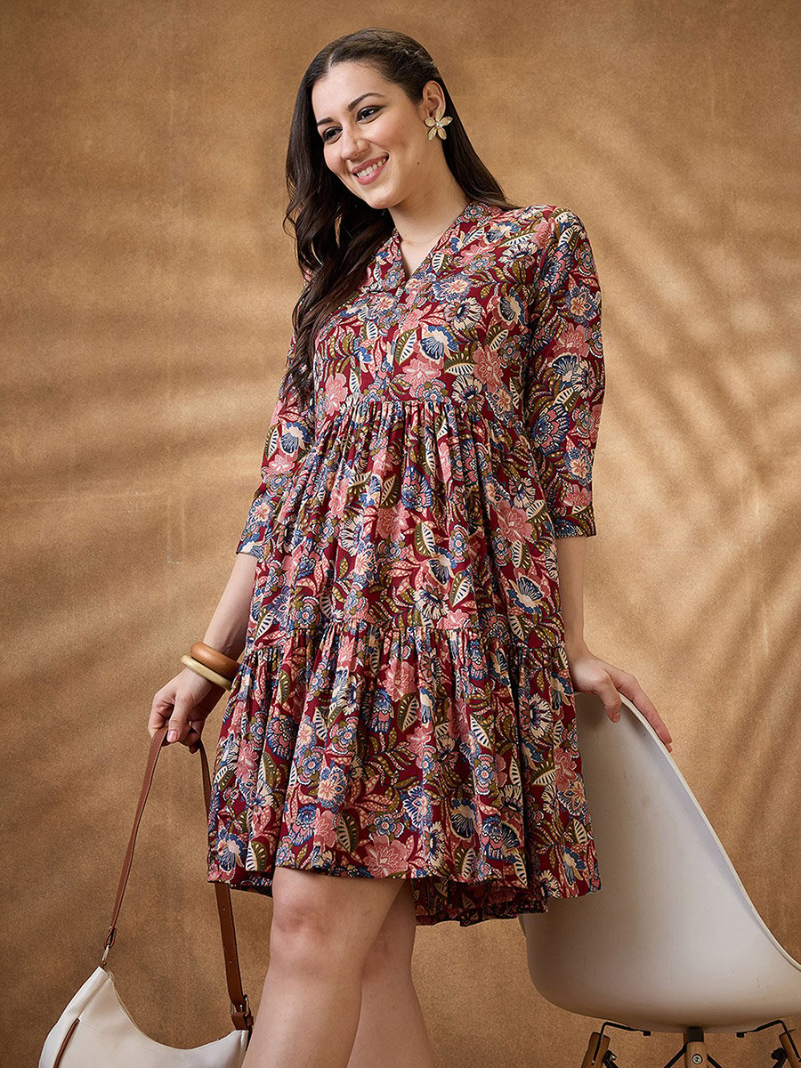 Floral Print V Neck Tiered Mini Fusion Dress