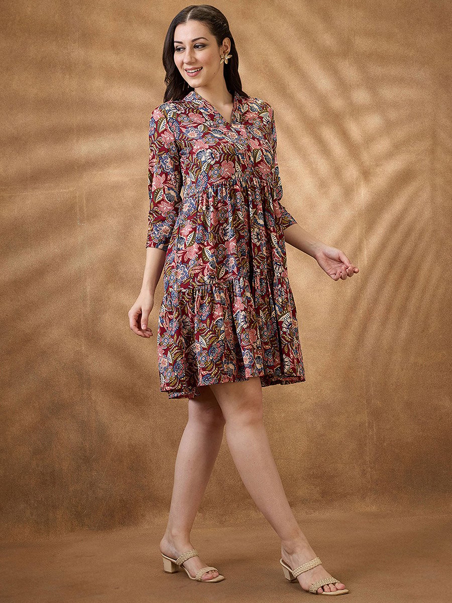 Floral Print V Neck Tiered Mini Fusion Dress