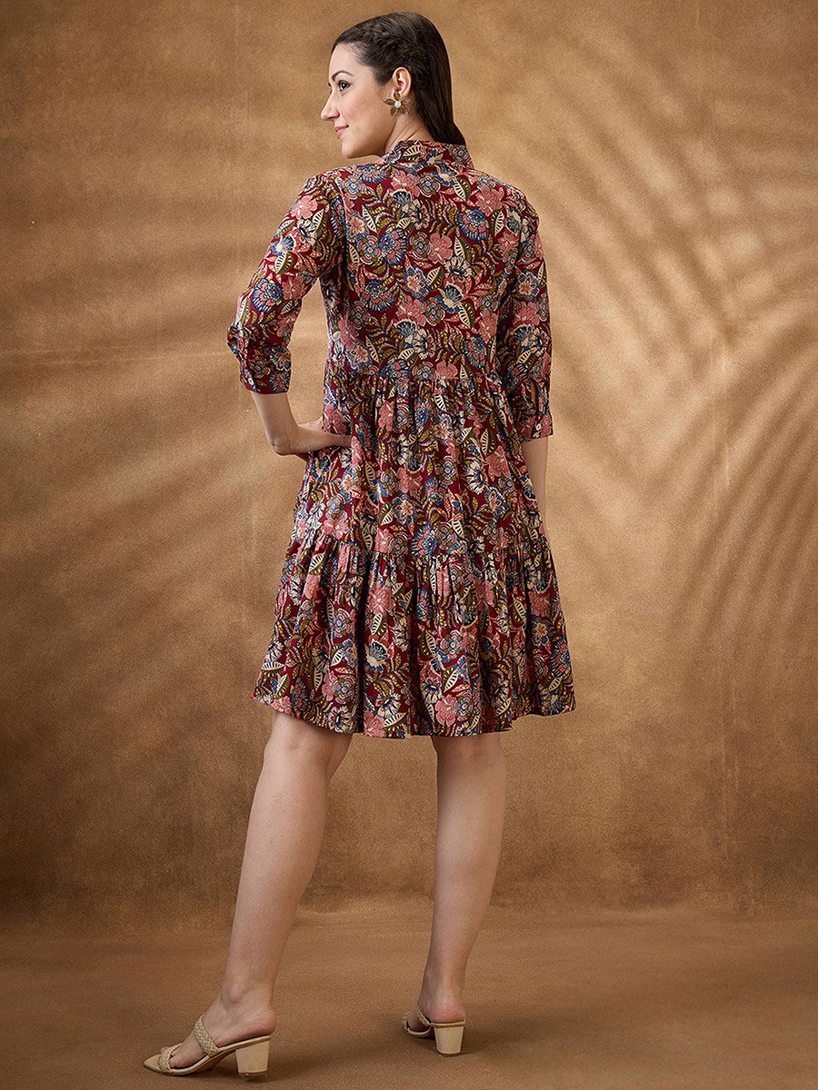 Floral Print V Neck Tiered Mini Fusion Dress