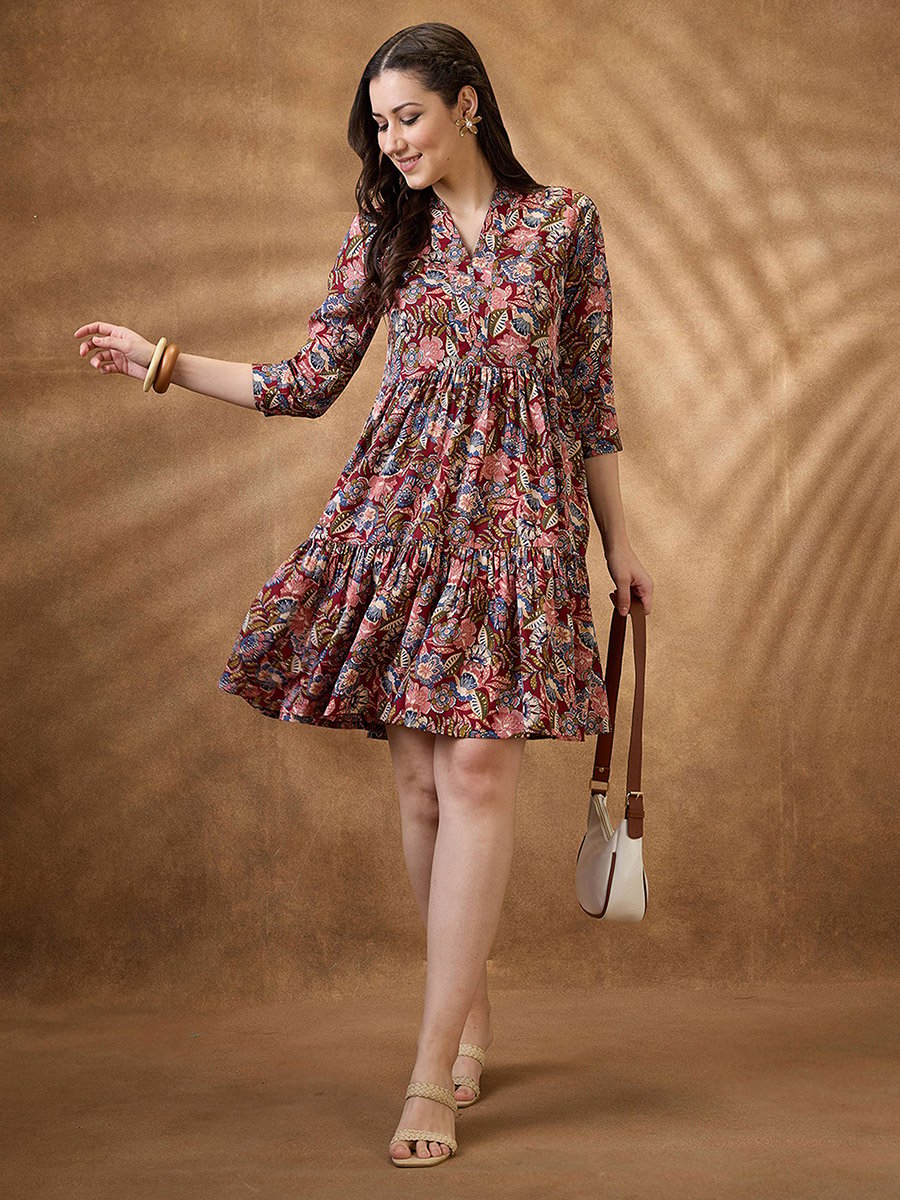 Floral Print V Neck Tiered Mini Fusion Dress