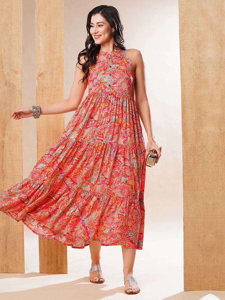 Floral Print Tiered Fusion Maxi Dress