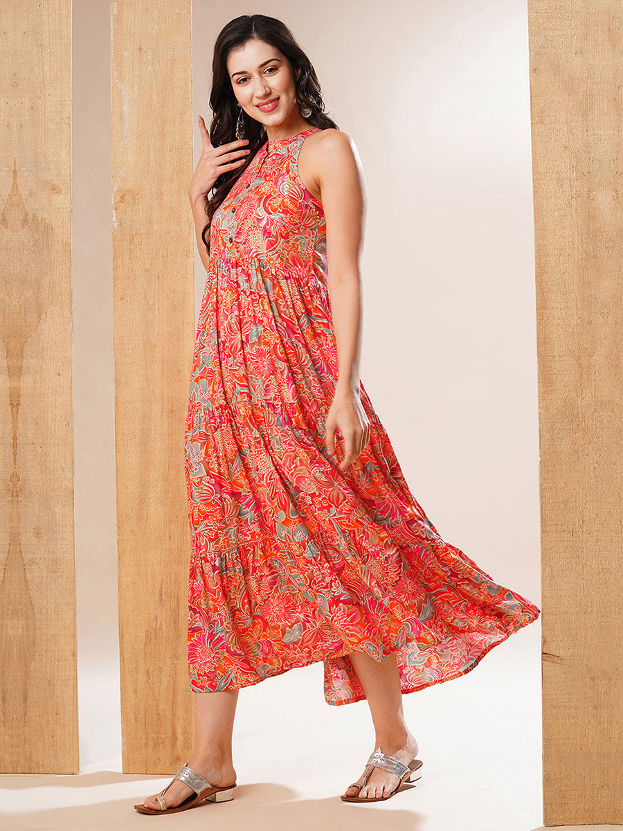 Floral Print Tiered Fusion Maxi Dress