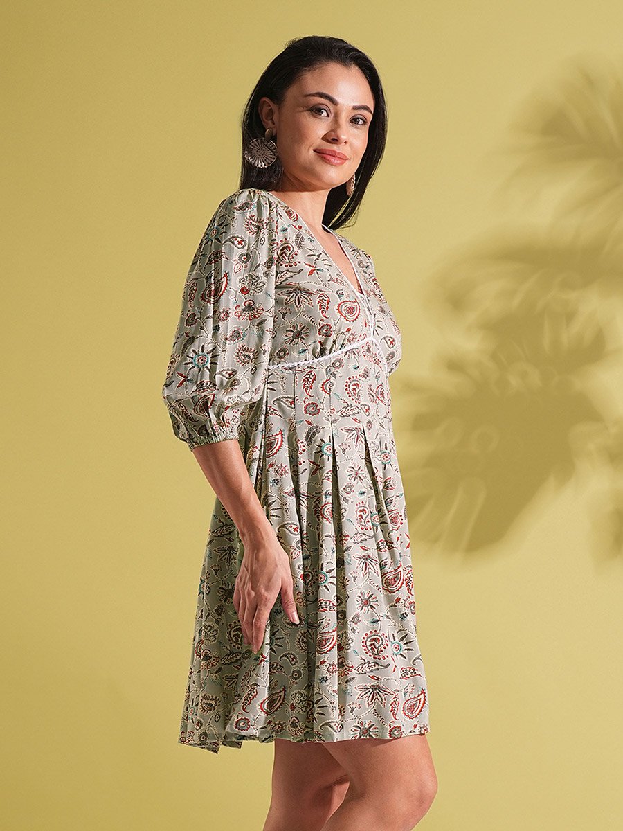 Paisley Print Pleated A-Line Fusion Dress