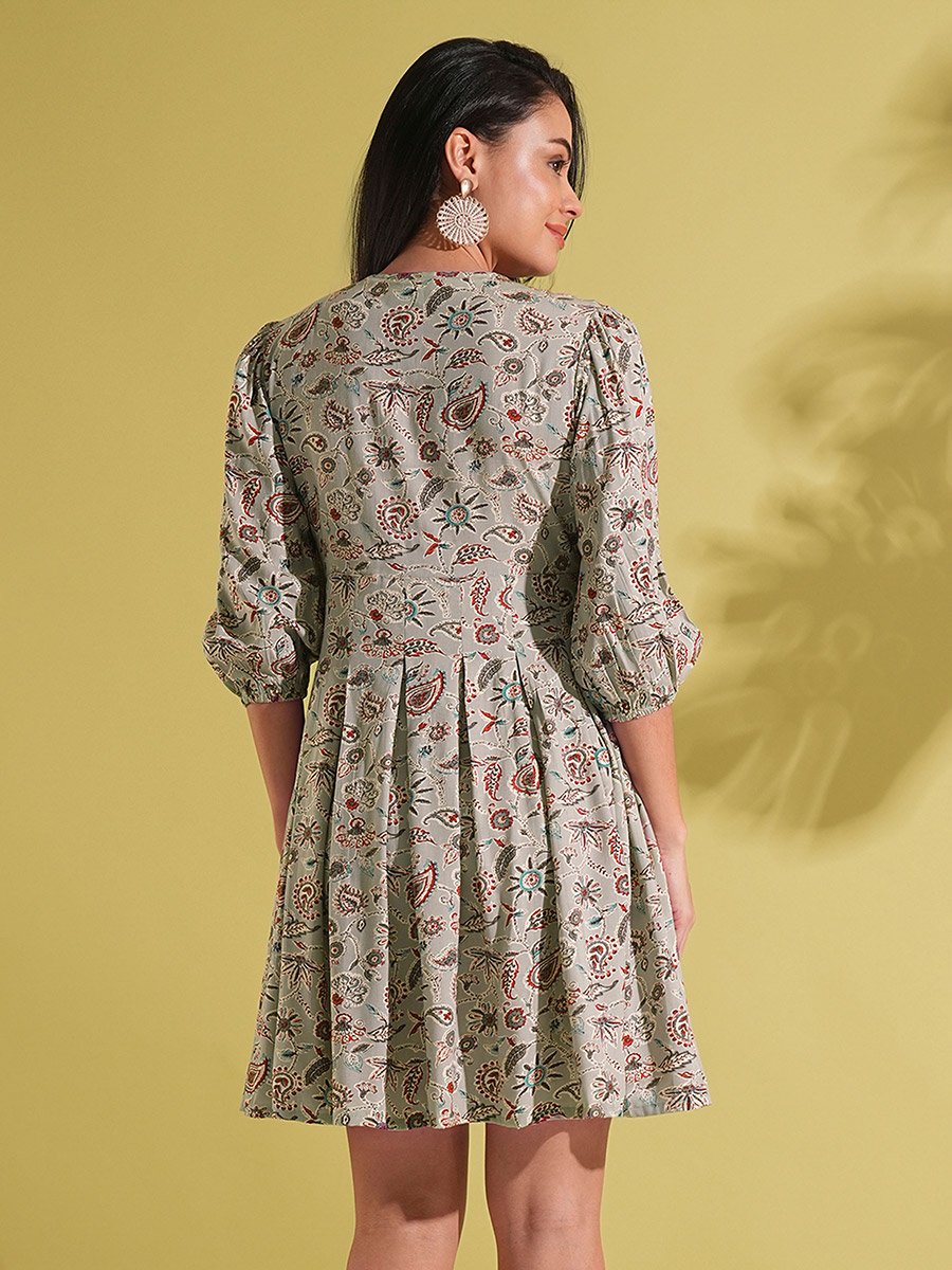 Paisley Print Pleated A-Line Fusion Dress