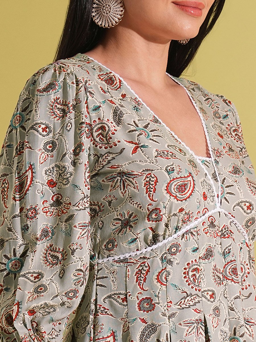 Paisley Print Pleated A-Line Fusion Dress