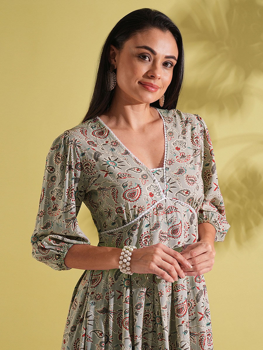 Paisley Print Pleated A-Line Fusion Dress