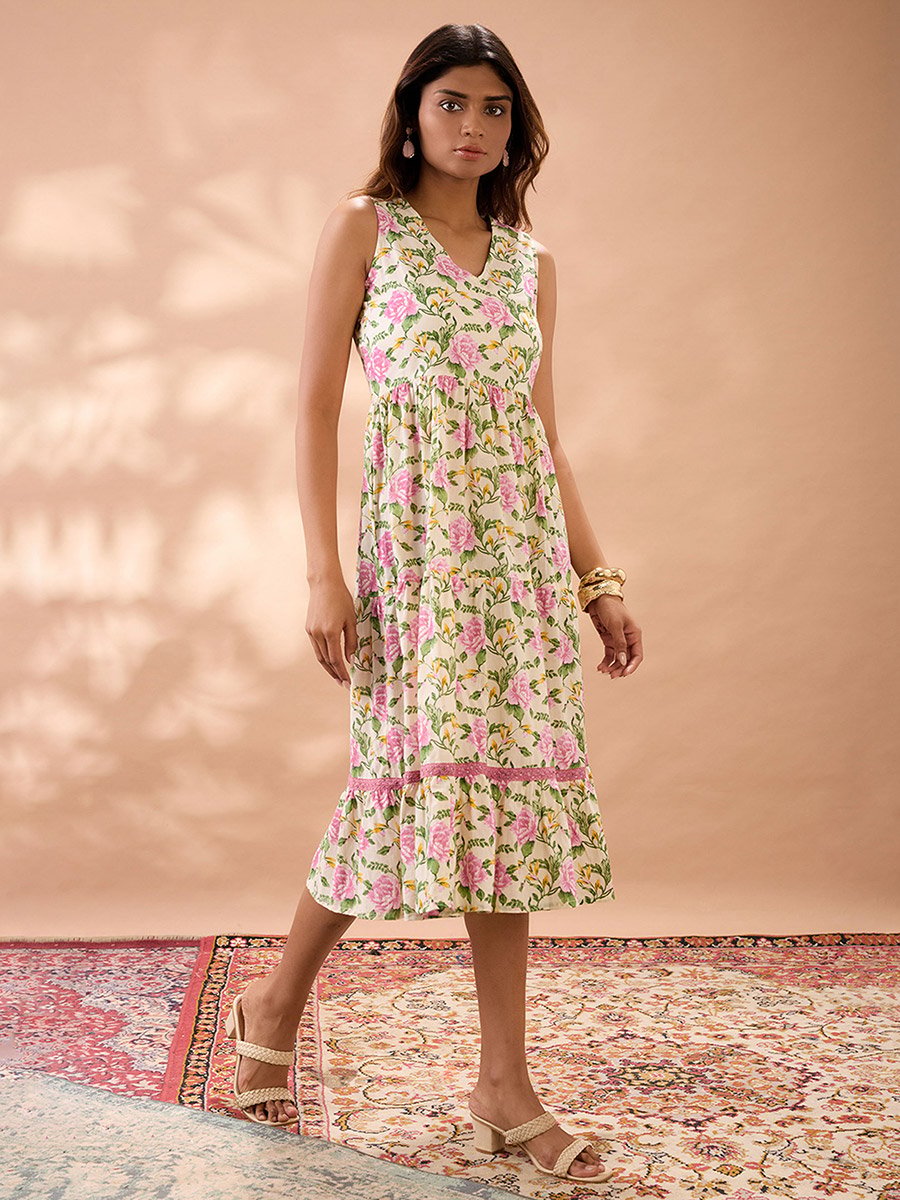 Floral Print Tiered Lace Insert Midi Fusion Dress