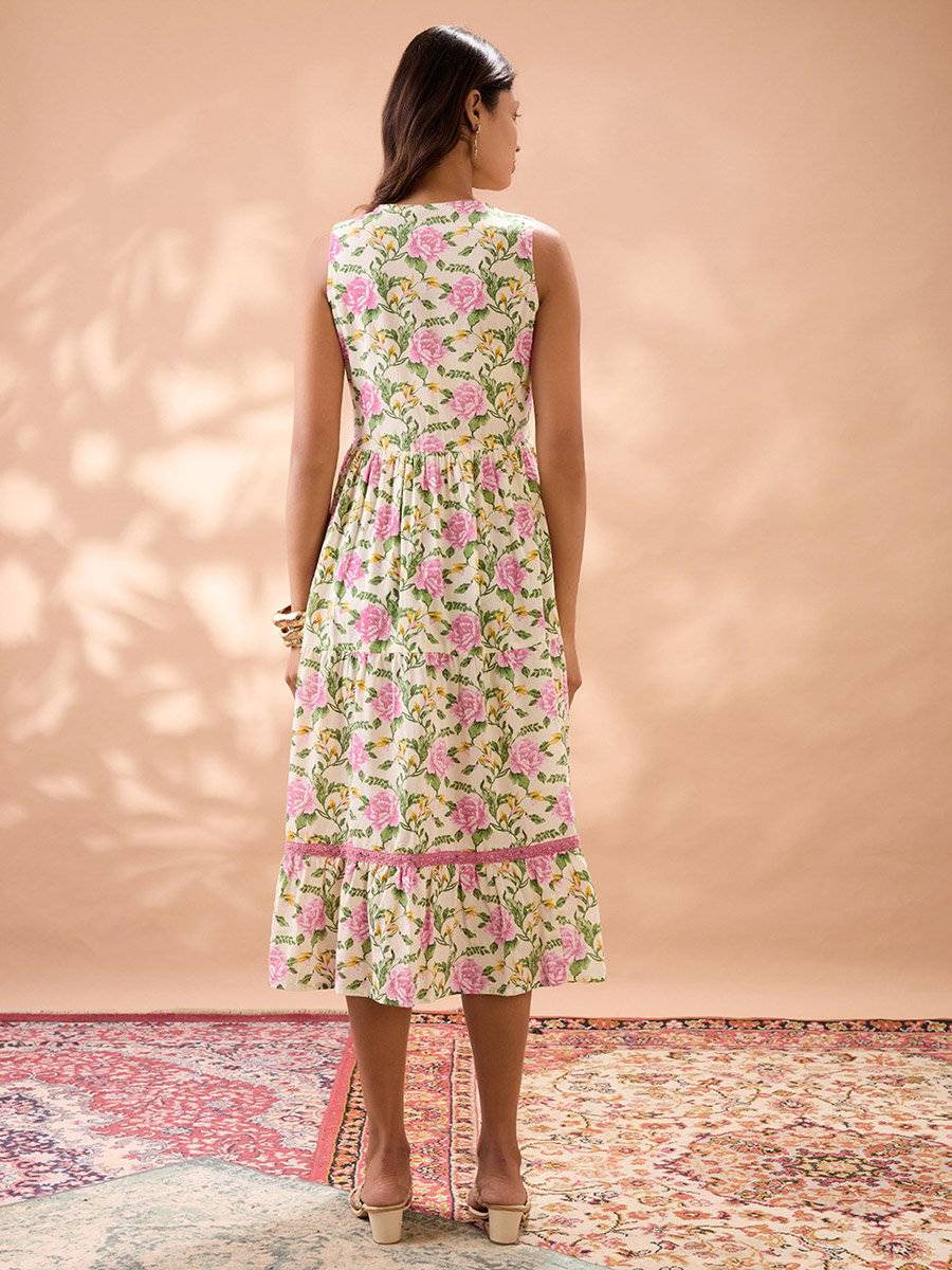 Floral Print Tiered Lace Insert Midi Fusion Dress
