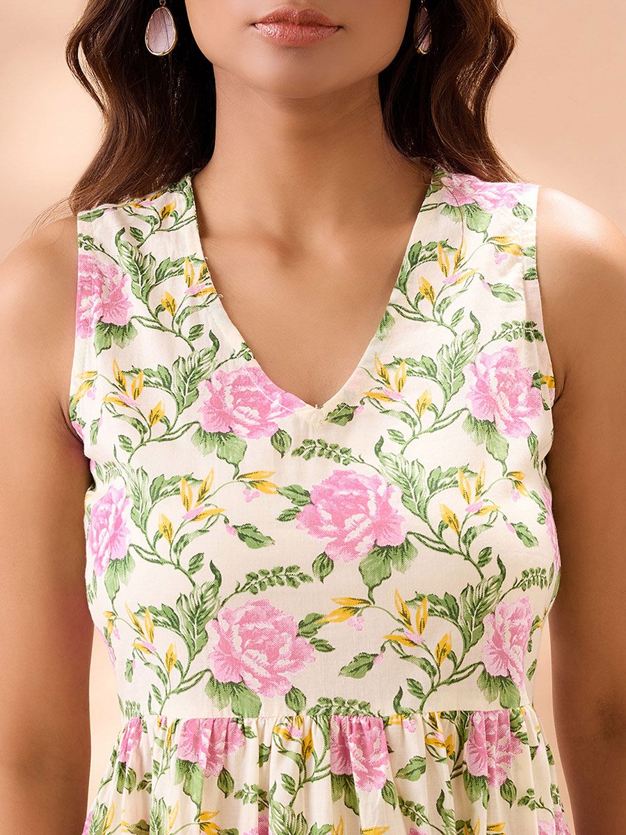 Floral Print Tiered Lace Insert Midi Fusion Dress