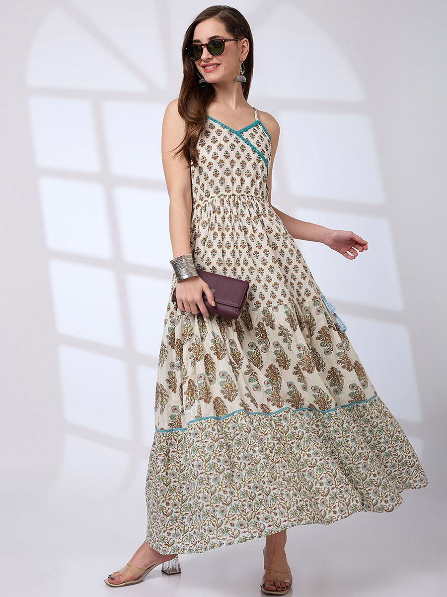 Floral Print Strappy A-Line Fusion Maxi Dress