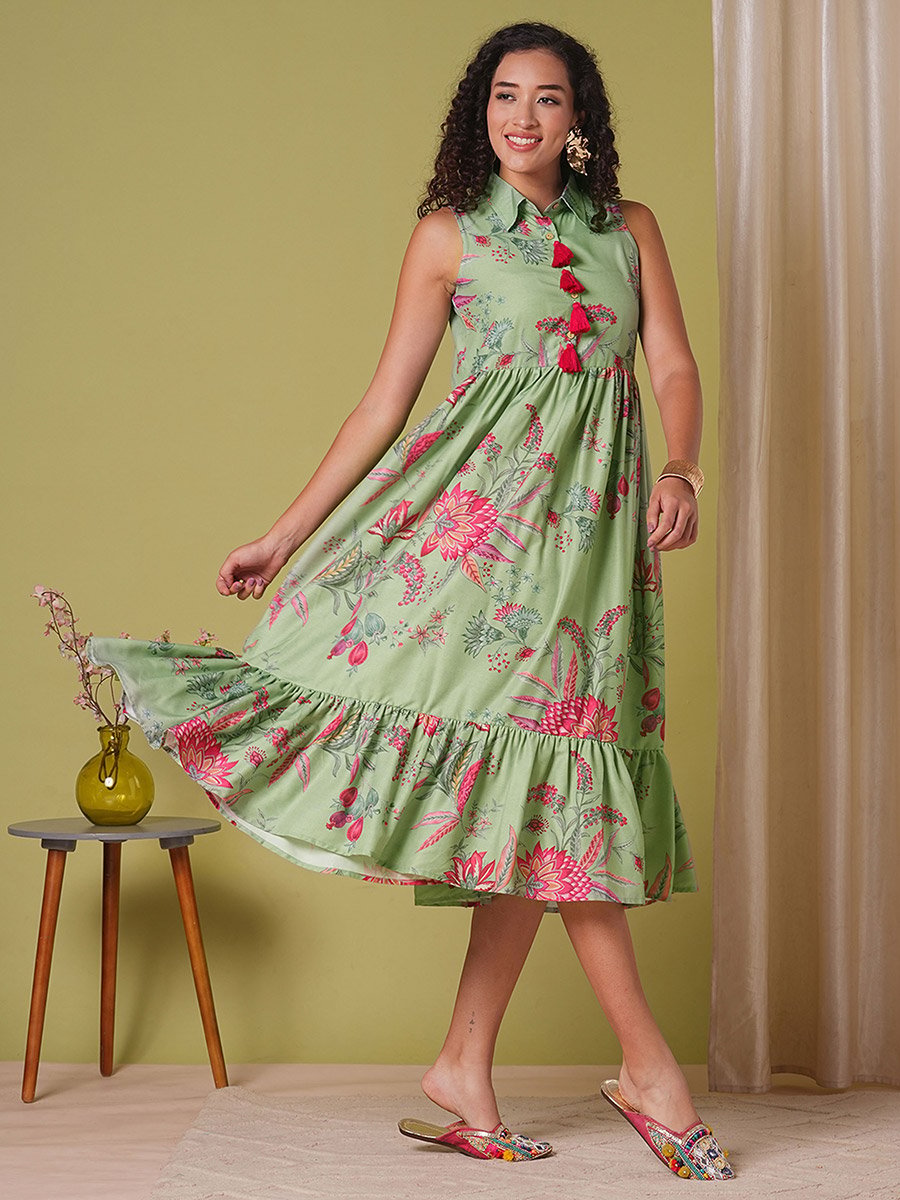 Floral Print Tassel Detail Gathered Midi Fusion Dress