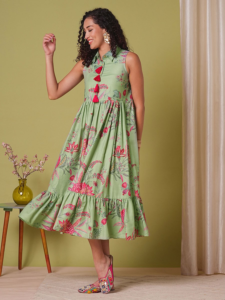 Floral Print Tassel Detail Gathered Midi Fusion Dress