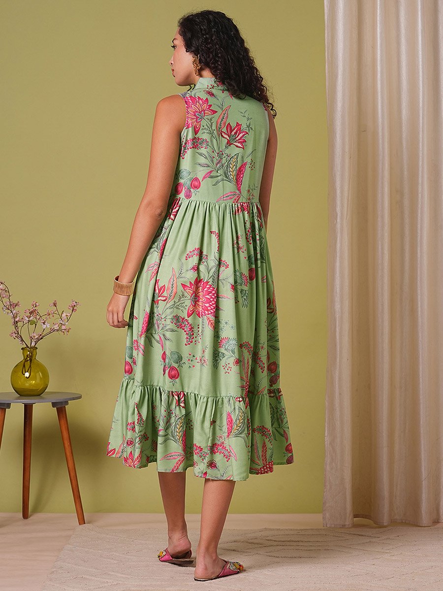 Floral Print Tassel Detail Gathered Midi Fusion Dress