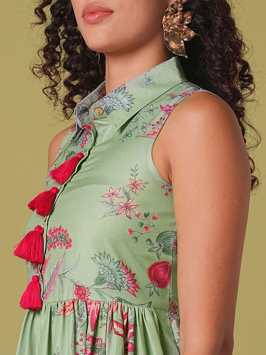 Floral Print Tassel Detail Gathered Midi Fusion Dress