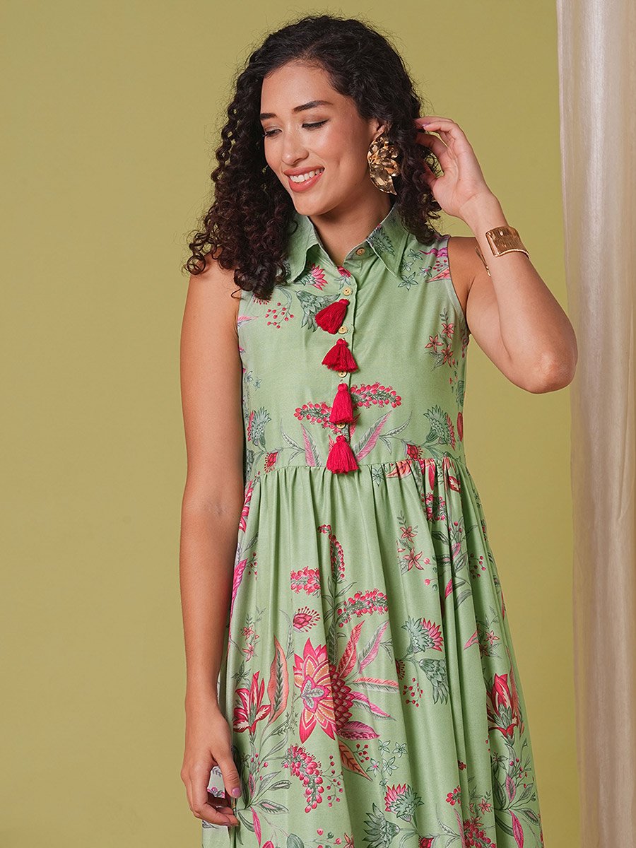 Floral Print Tassel Detail Gathered Midi Fusion Dress