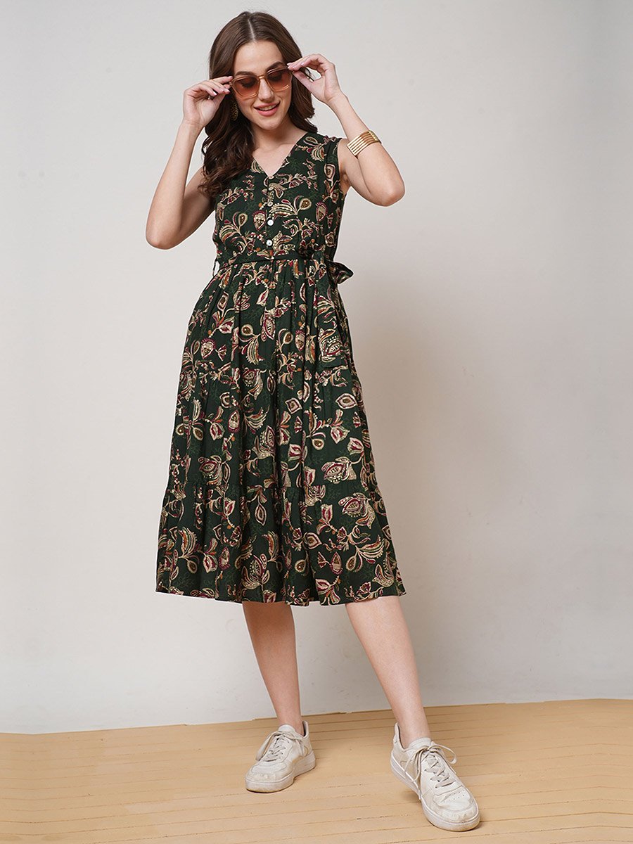Floral Print Tiered Midi Fusion Dress With Belt