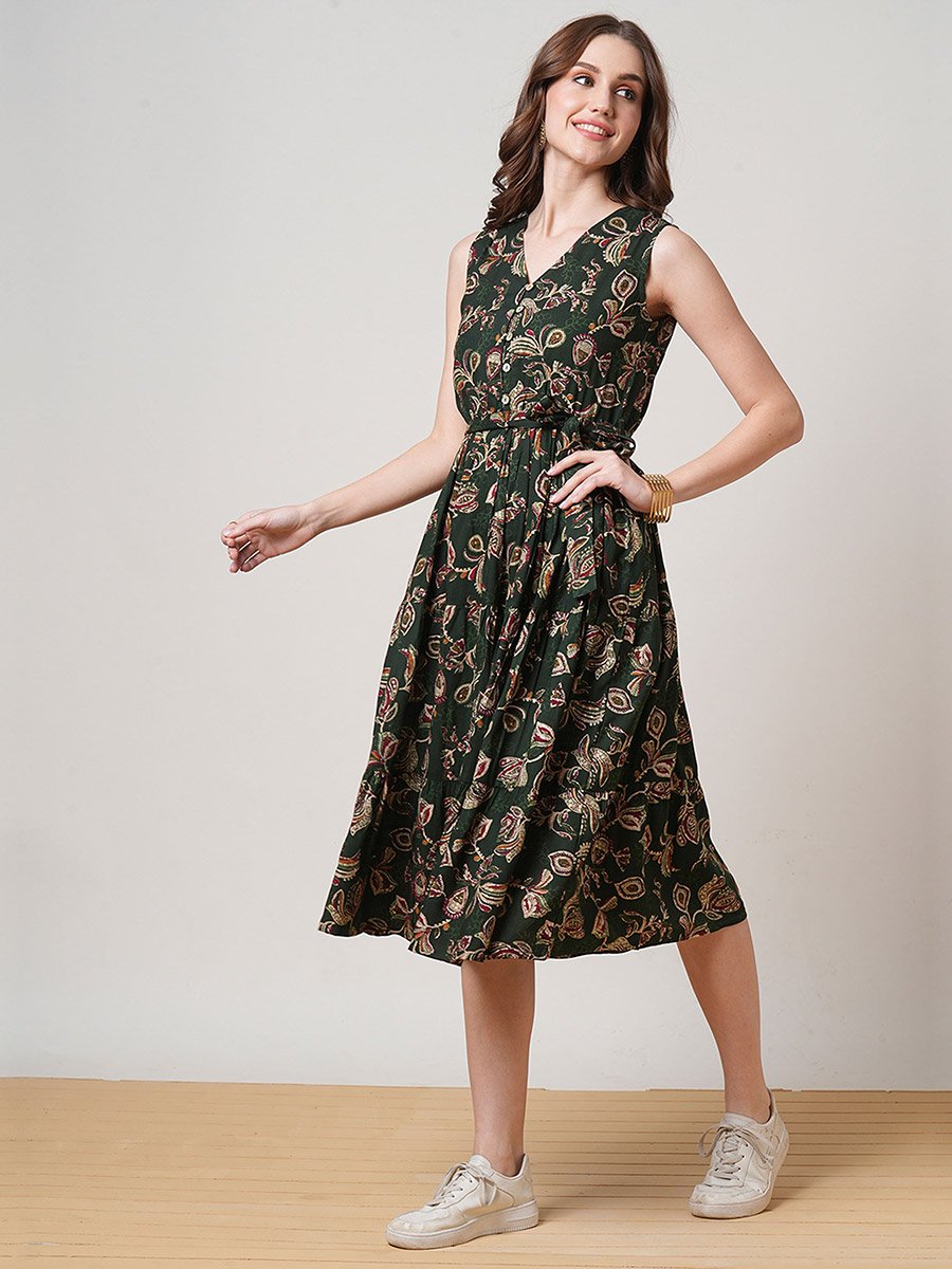 Floral Print Tiered Midi Fusion Dress With Belt